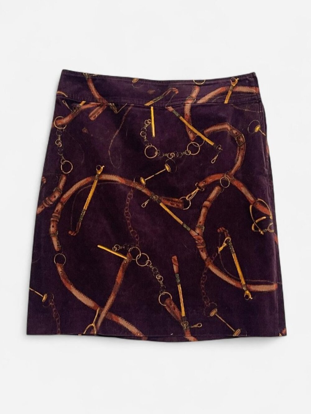 corduroy skirt with horse riding equipment pattern print